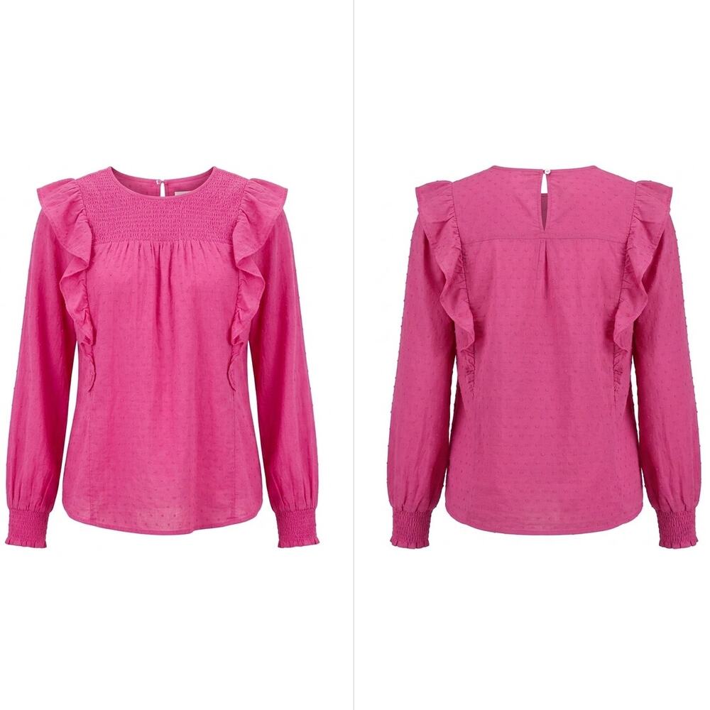 Loft Pink Ruffle Long Sleeve Blouse Solid Crew Neck Women Size L
